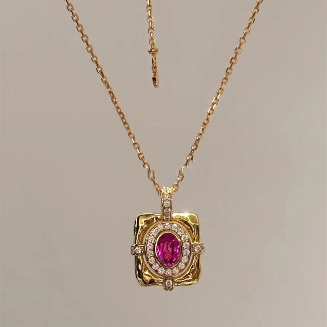 Women's French retro red corundum square pendant necklace on copper bamboo chain