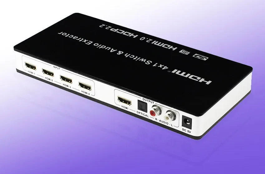 Black HDMI audio switch with four input ports, one output port, remote control, and international power adapters