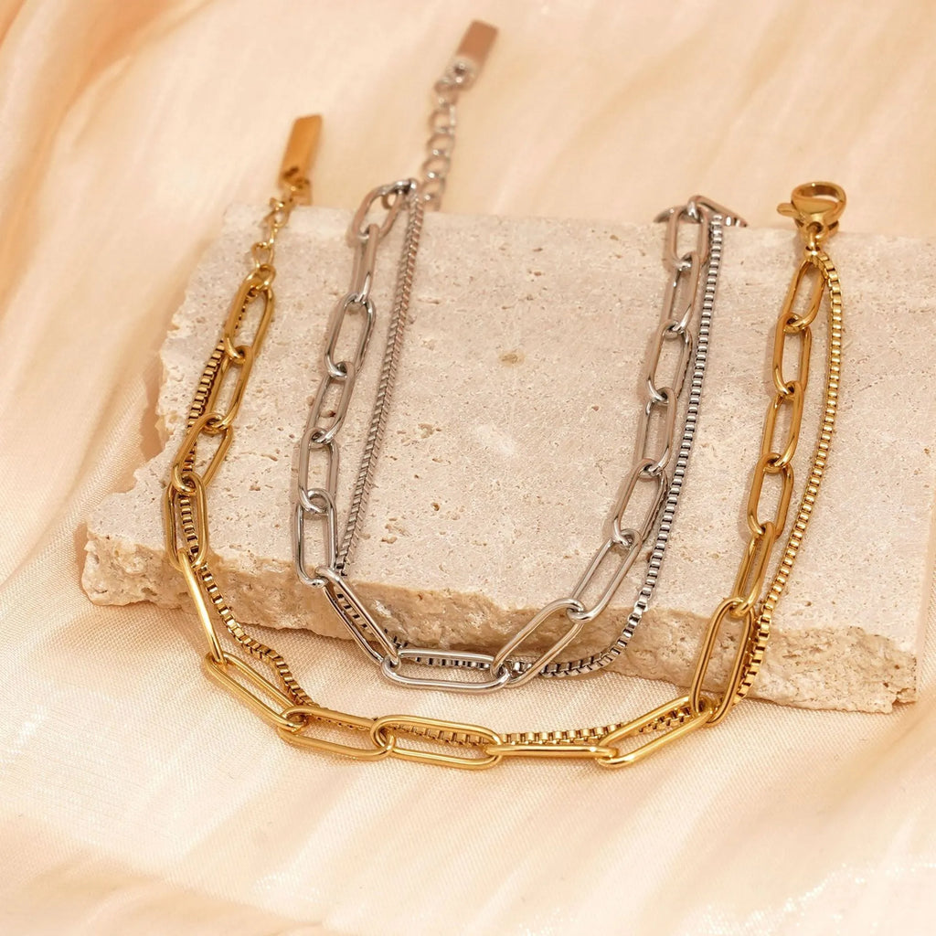 Women's titanium steel bracelet with double layer twin link design in gold or silver electroplated finish