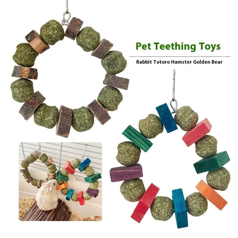 Hamster toy set showing decorative ring with straw ball and Applewood molar rod chew for small pets