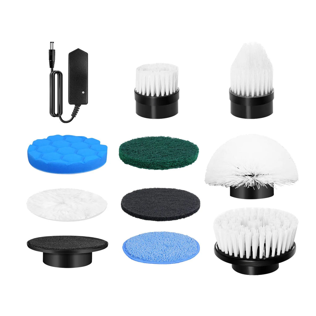 White rechargeable handheld cleaning ball with brush attachments and USB charging cable