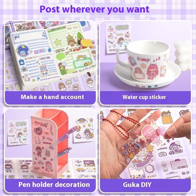 Children's themed reusable sticker set showing five colour designs in goo card notebook post format