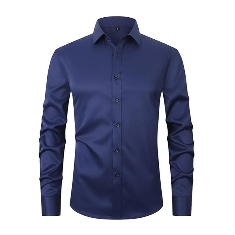 Men's grey stretch long sleeve polyester work shirt on a hanger