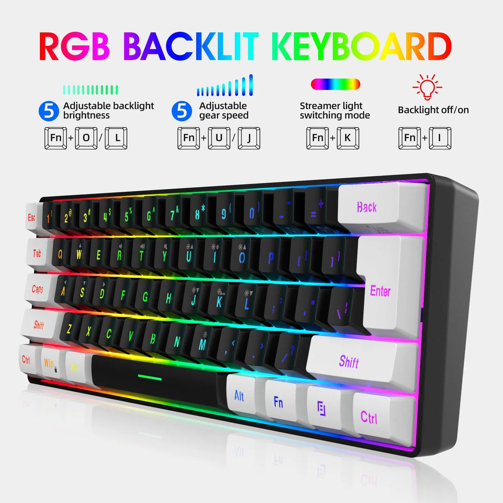 61-key wired membrane keyboard in white and black, ABS plastic, 28.7cm width