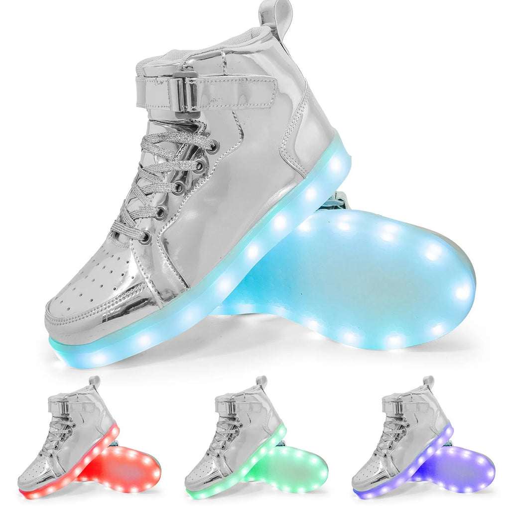 LED high-top board shoes in black, gold and white colours with Velcro fastening and rubber soles