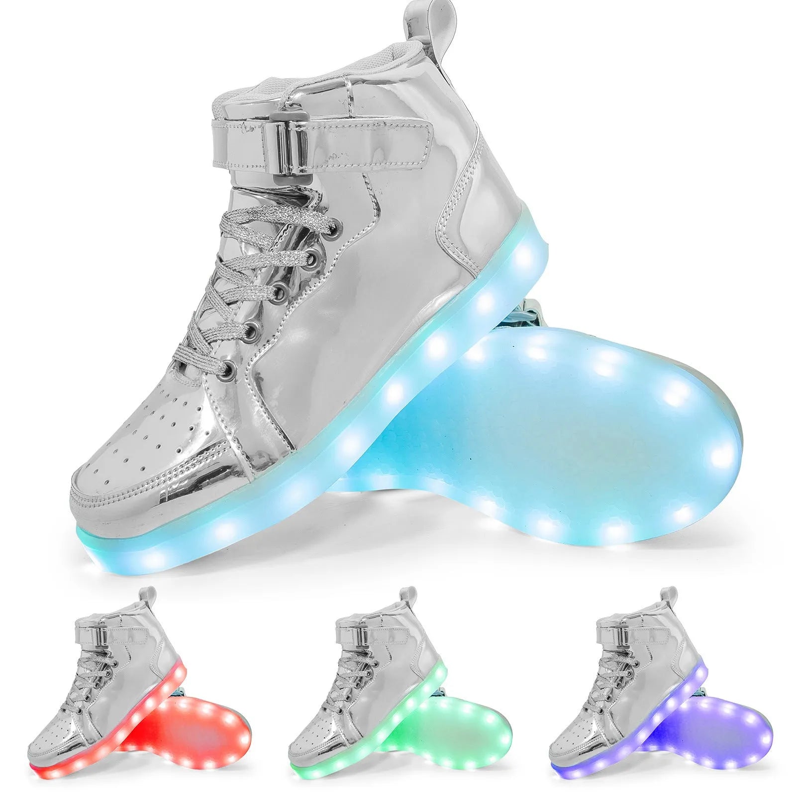 LED high-top board shoes in black, gold and white colours with Velcro fastening and rubber soles