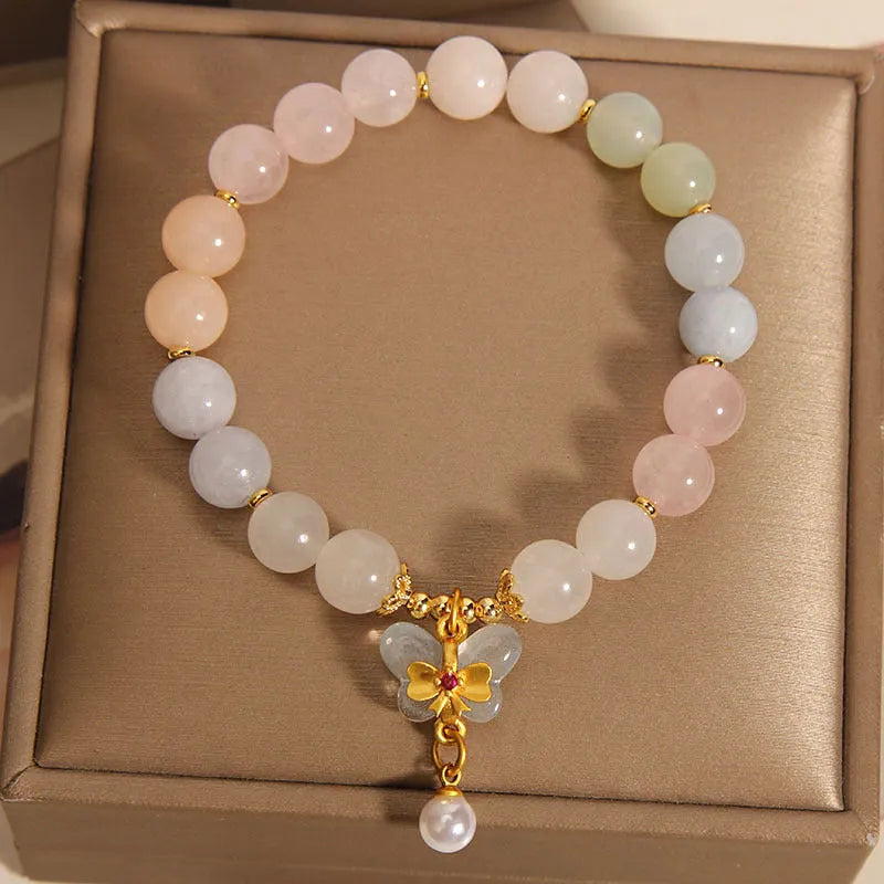 Candy colour natural morganite crystal bracelet with butterfly pendant for women