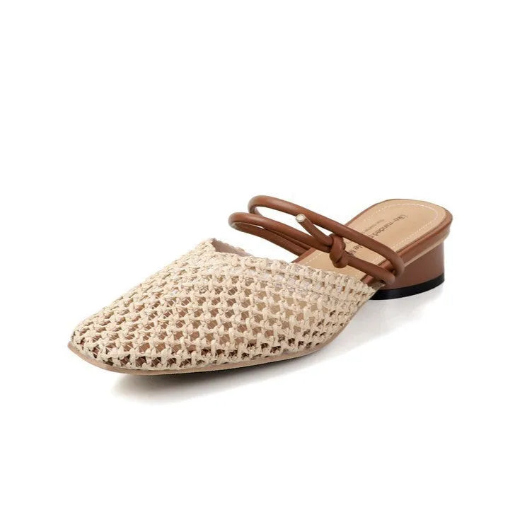 Women's square toe chunky heel slippers in beige colour with hollow-out upper, side view