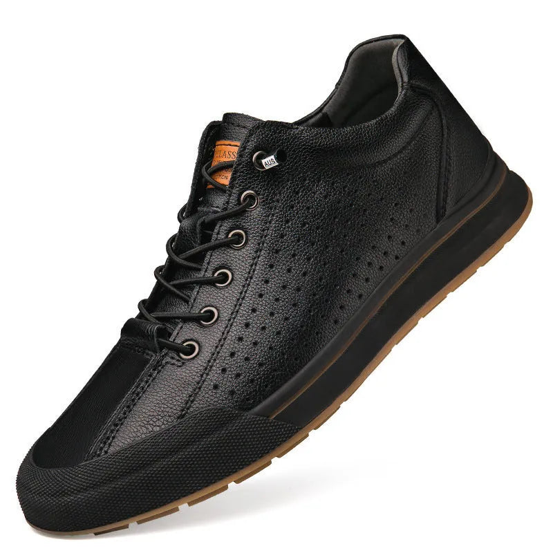 Men's white matte leather casual shoes with flat heel and round toe on a plain background