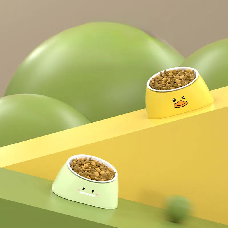 15-degree tilted stainless steel cat bowl with PP base in green colour on a light background