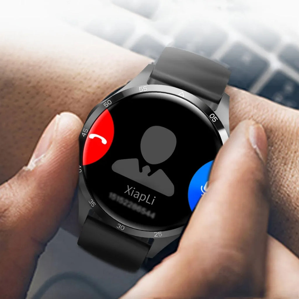 Black smartwatch with Bluetooth calling on a silicone strap, displaying health metrics on its screen.