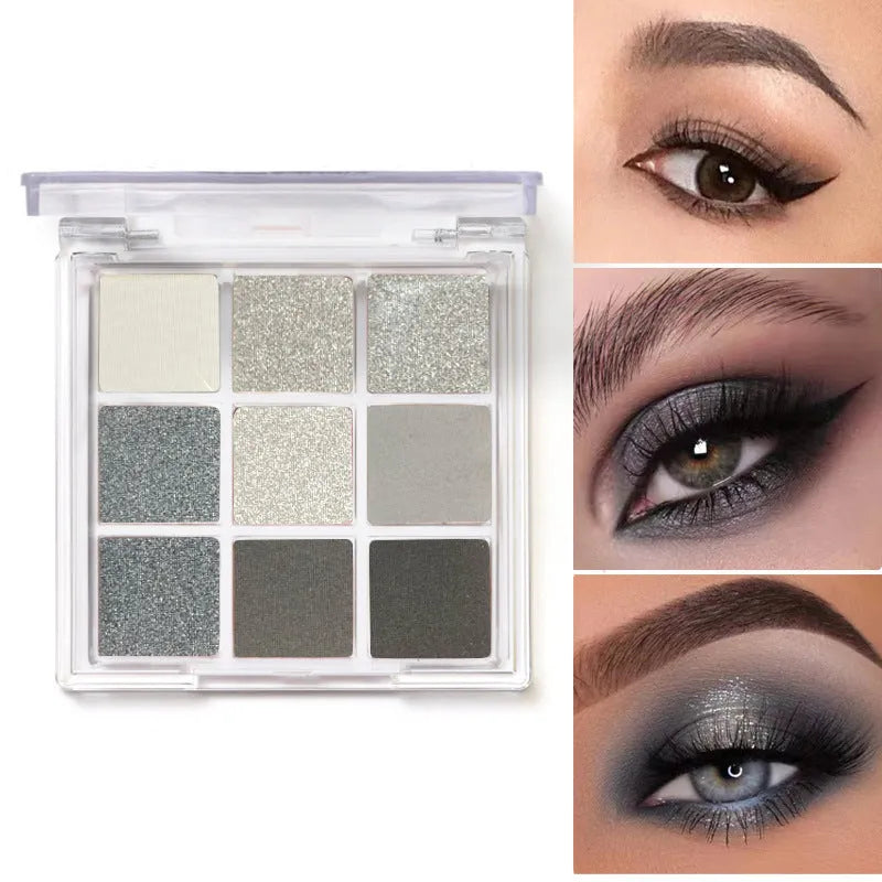 Smoked nine-colour eyeshadow palette showing shades including white, silver, black, and iron grey