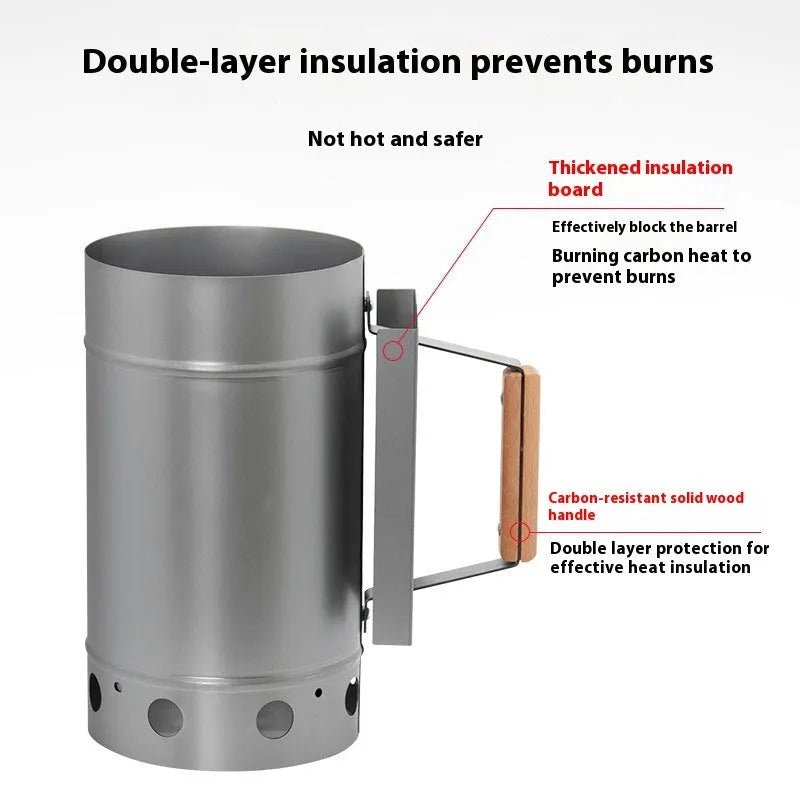 Zinc-iron alloy charcoal fire starter bucket with oven igniter for outdoor barbecues.