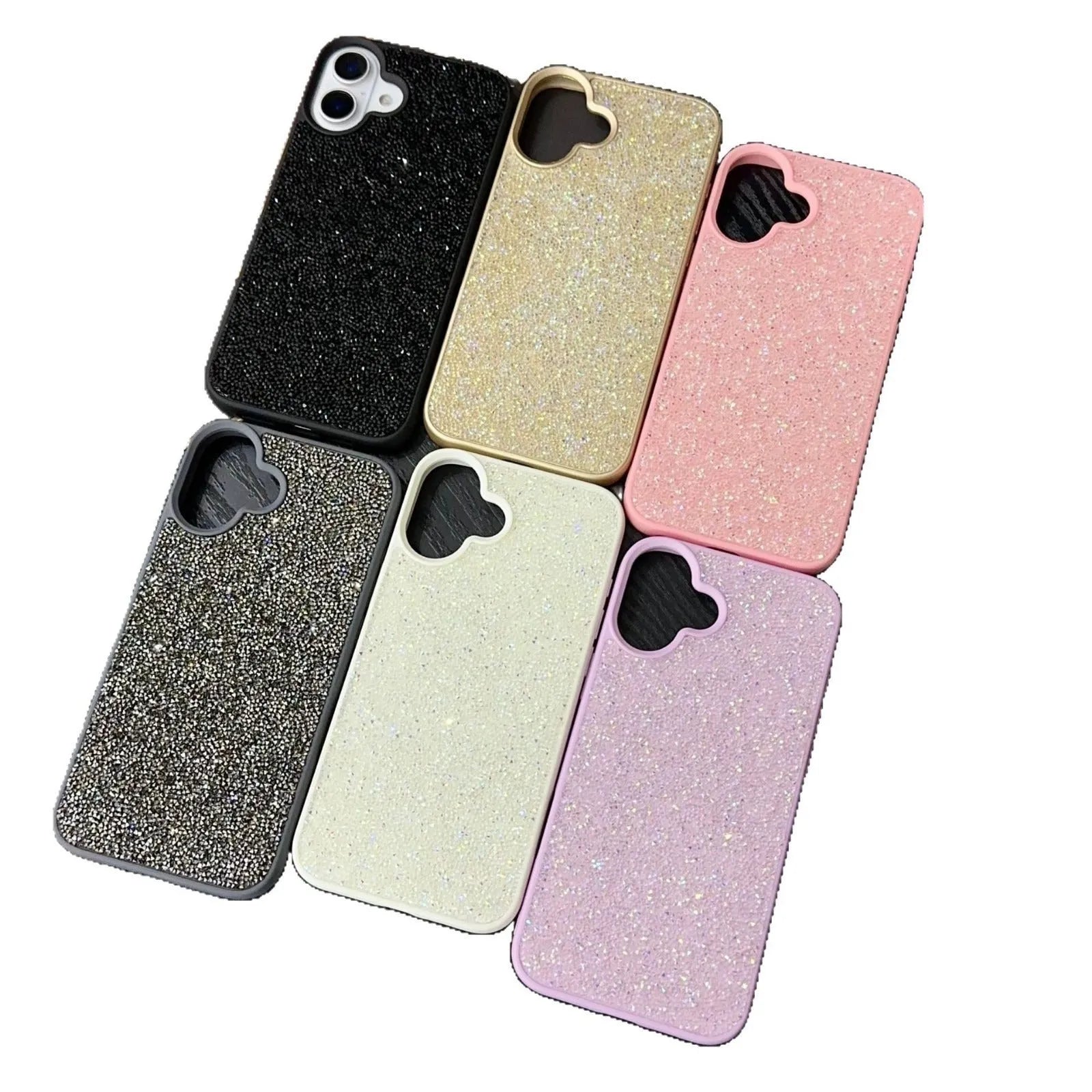 Skin Feeling Carbink phone case for iPhone 14 Pro with large hole cutouts and handmade rhinestone decorations in white, black, and pink colours