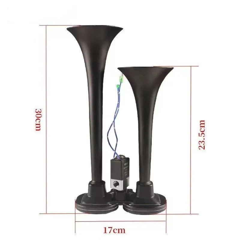 Black dual trumpet air horn kit with compressor unit for 12V and 24V vehicle installation