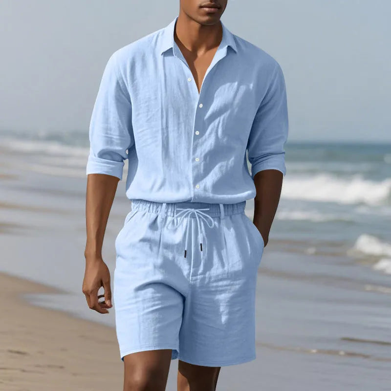 Linen long sleeve shirt and shorts beach suit in khaki on model