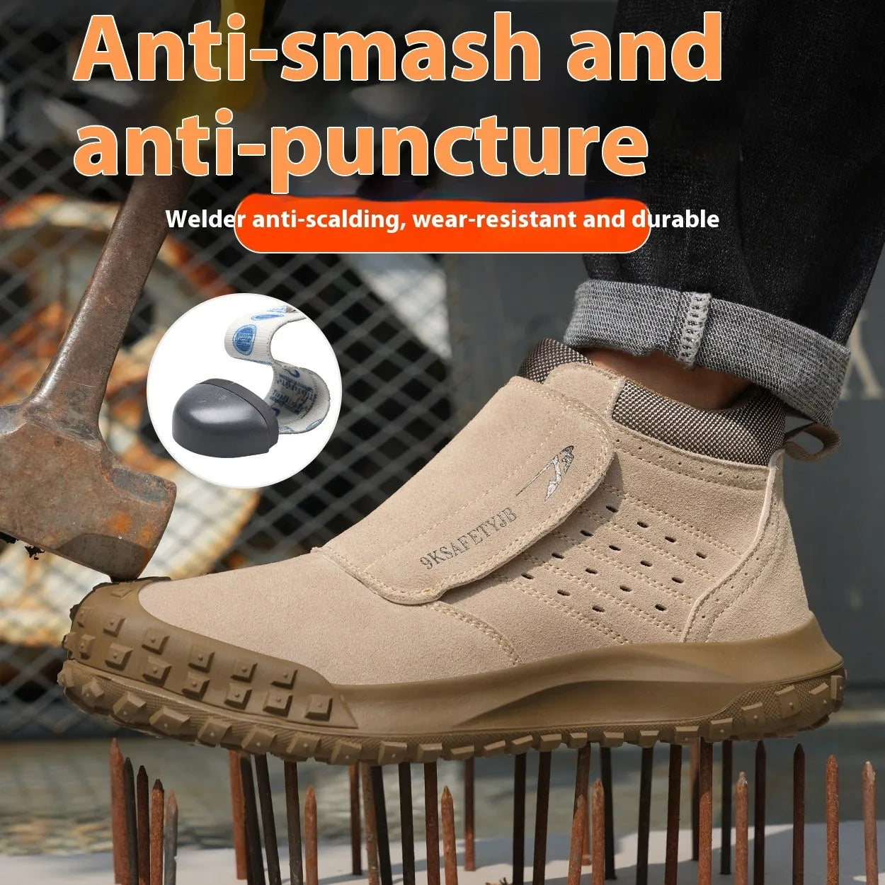 Four Seasons lightweight welder labour protection shoes with steel toe cap and PU leather upper in sand colour