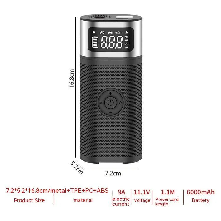 Black portable wireless vehicle air pump with USB charging cable and multiple inflation nozzles including bicycle and ball attachments