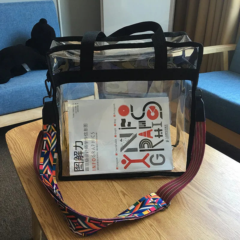 Women's transparent PVC shoulder messenger bag showing front organisation and double strap connector