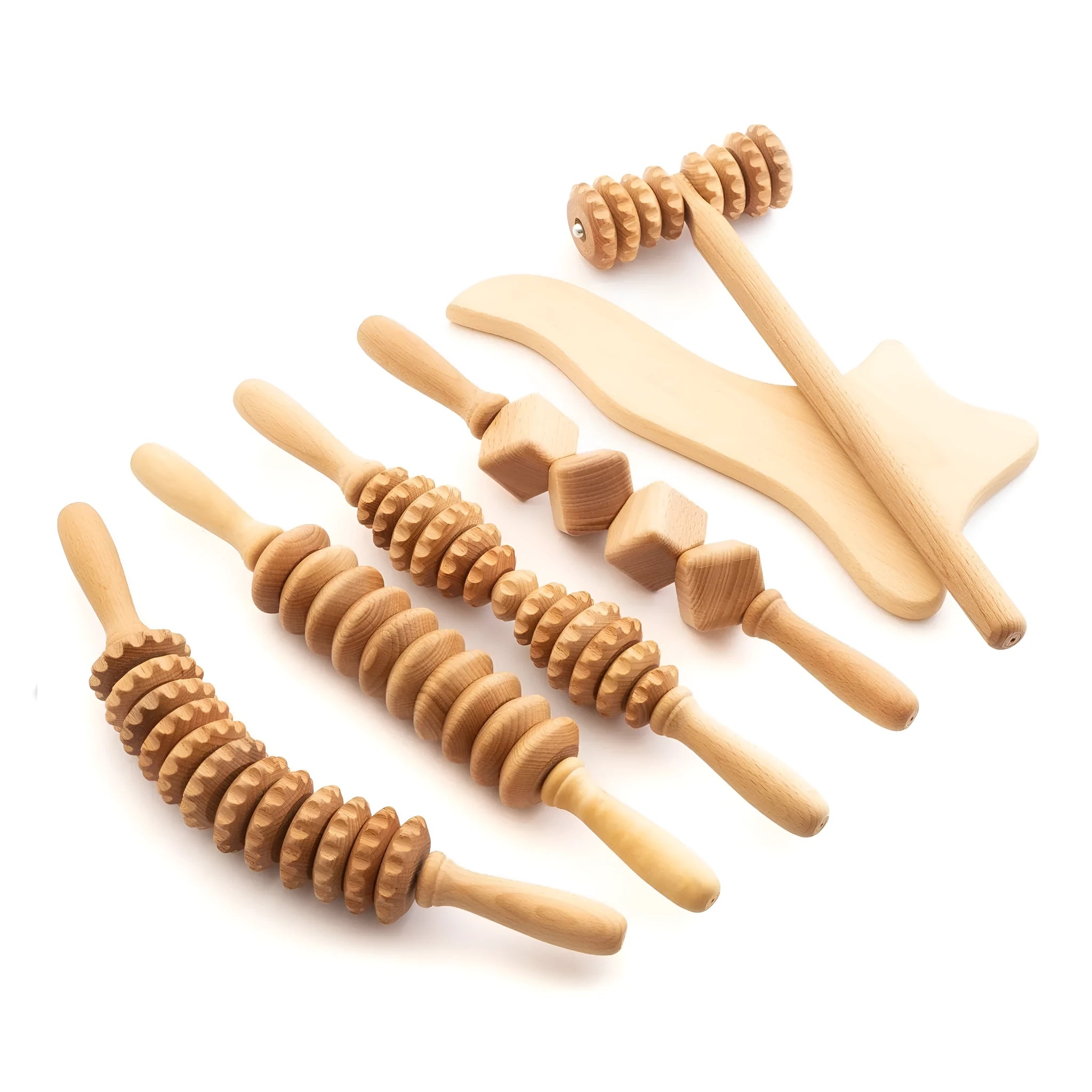 Beech wood massage roller set with multiple shapes including T-shaped, 9-wheel, 12-wheel straight, and 12-wheel curved rollers on a plain background