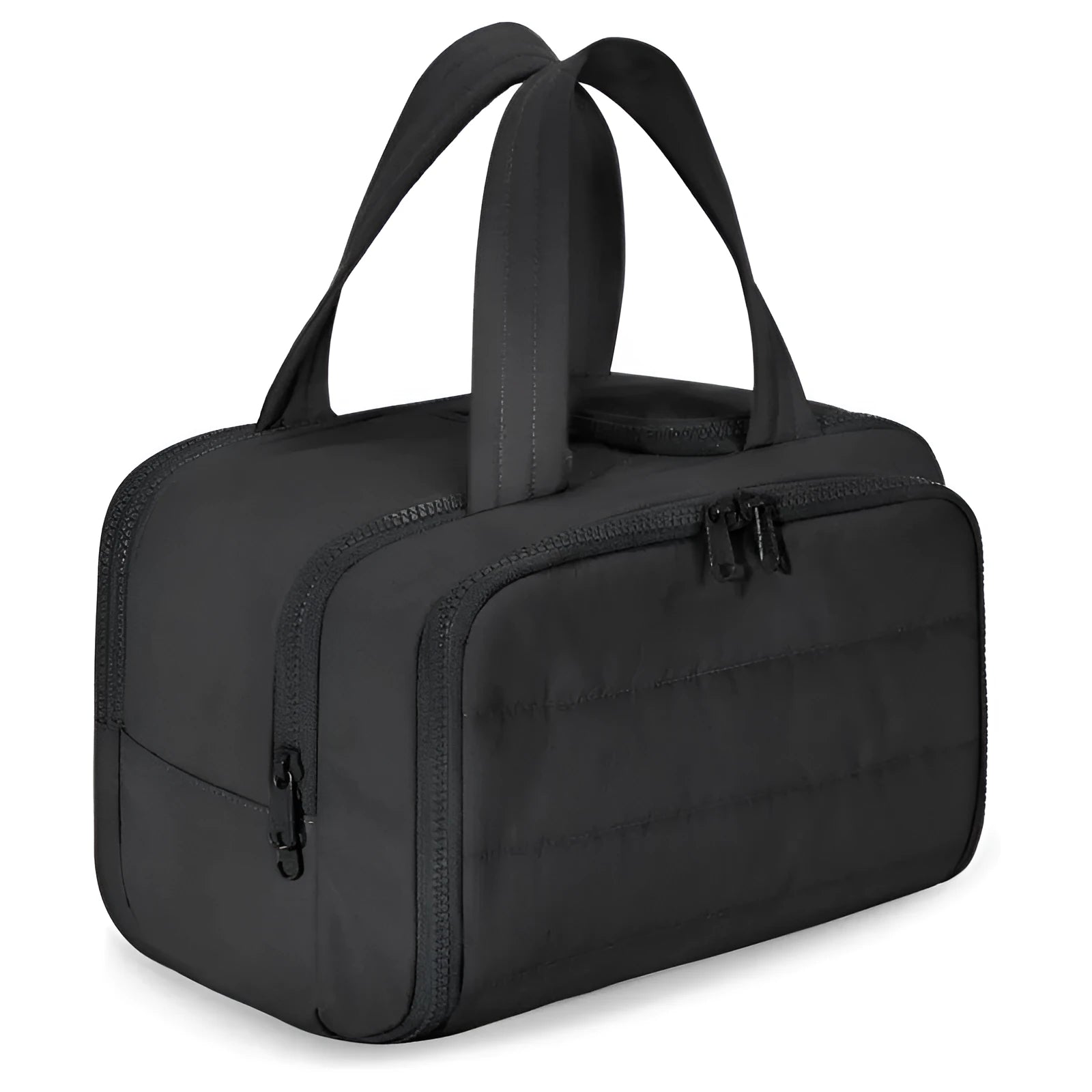 Large open travel toiletry bag in polyester fabric showing interior pocket and zip closure.