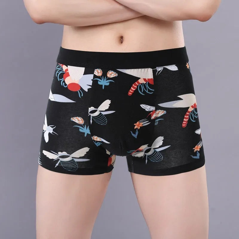 Men's floral print cotton boxer briefs with a U-shape design, shown in extended sizes.
