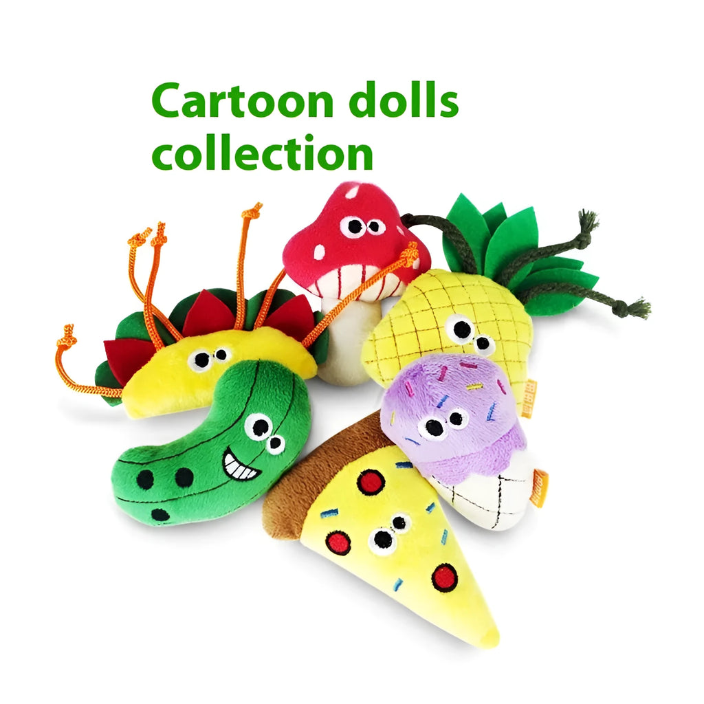 Set of six polygonum multiflorum catnip plush toys shaped like burrito, cone, cucumber, mushroom, pineapple, and pizza