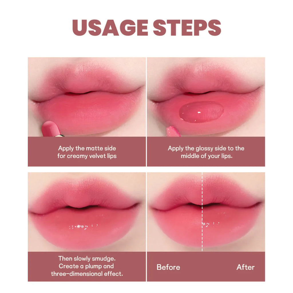 Double-headed lipstick and lip gloss stick showing ten colour options with matte finish