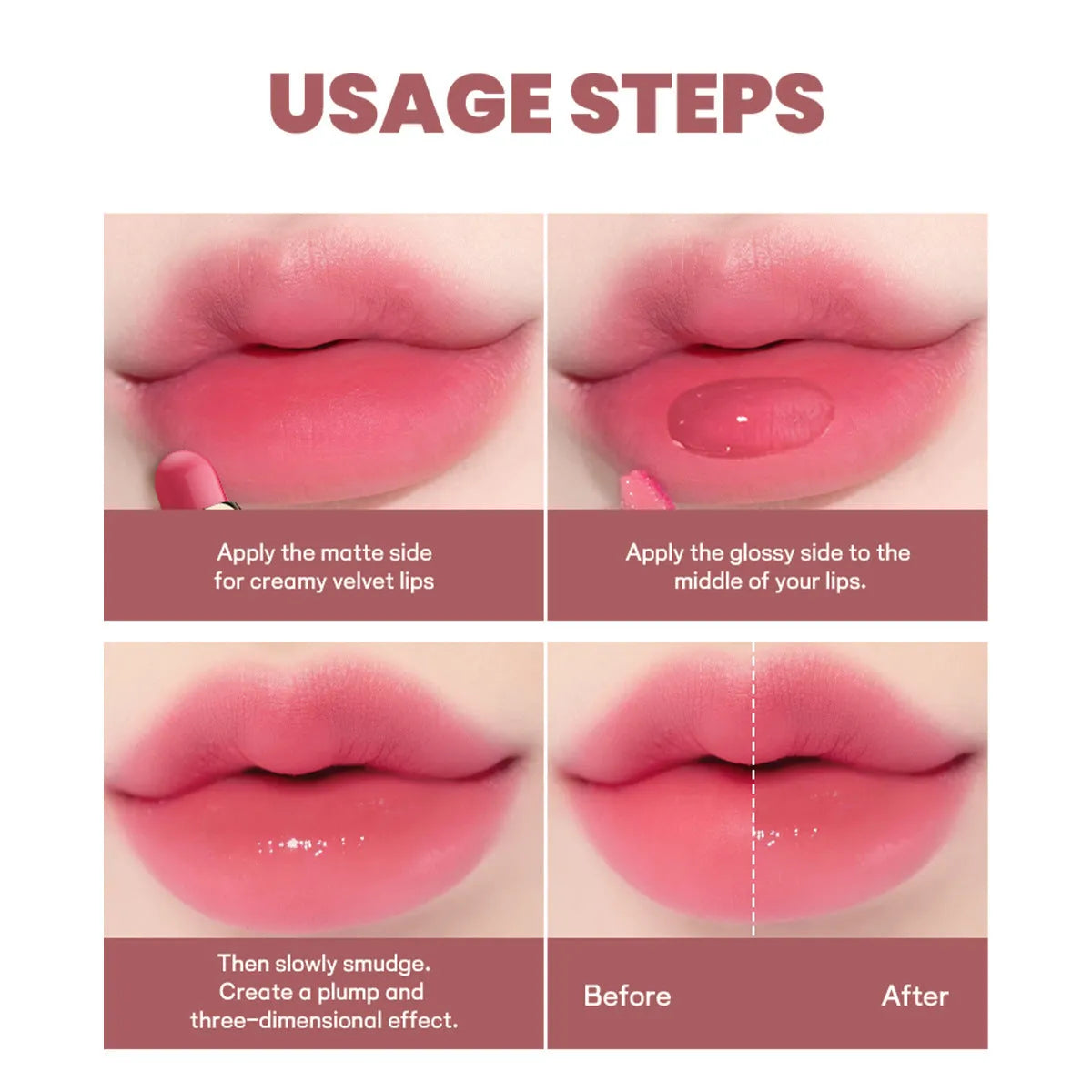 Double-headed lipstick and lip gloss stick showing ten colour options with matte finish