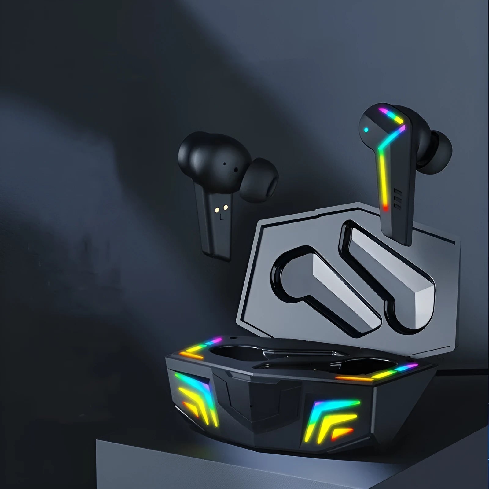 Black wireless Bluetooth earbuds with low-latency for sports and gaming