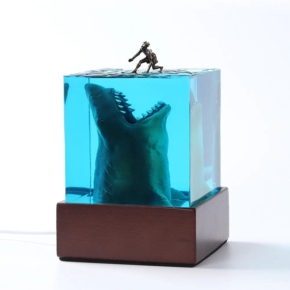 Ocean shark surfer micro landscape night light ornament made of epoxy resin and plastic, 5cm or 8cm size with lamp holder, modern simple style