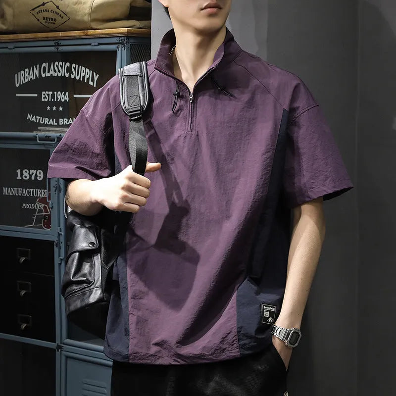 Brown men's half-zip stand collar short sleeve shirt in a loose fit