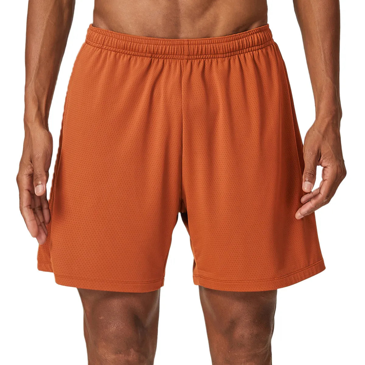 Men's quick-drying breathable running shorts in sky blue colour, showing double-layer construction and mid-waist fit.