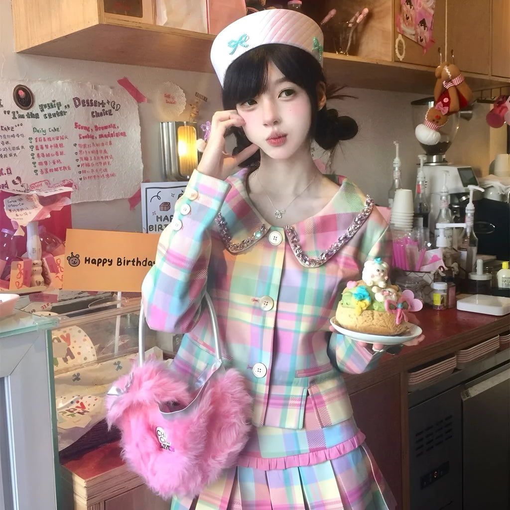 High waist slimming pleated skirt suit for women with cashmere long sleeve coat and cap skirt in neutral colour