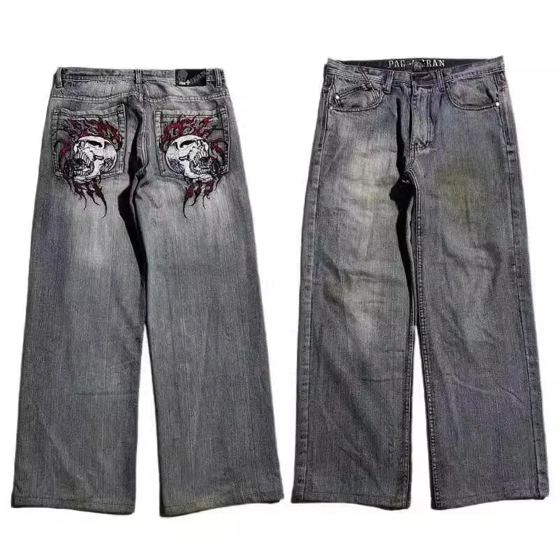 Men's light grey washed-out denim jeans with a wide-leg straight cut and retro workwear style.