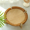 Brown woven rattan pet bed measuring 46 cm square with raised sides for cats and small dogs
