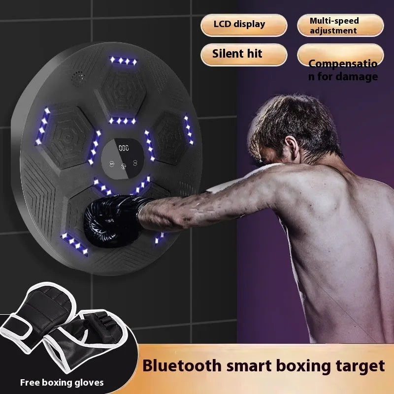 Smart music boxing machine hanging on wall with black PU surface and gloves