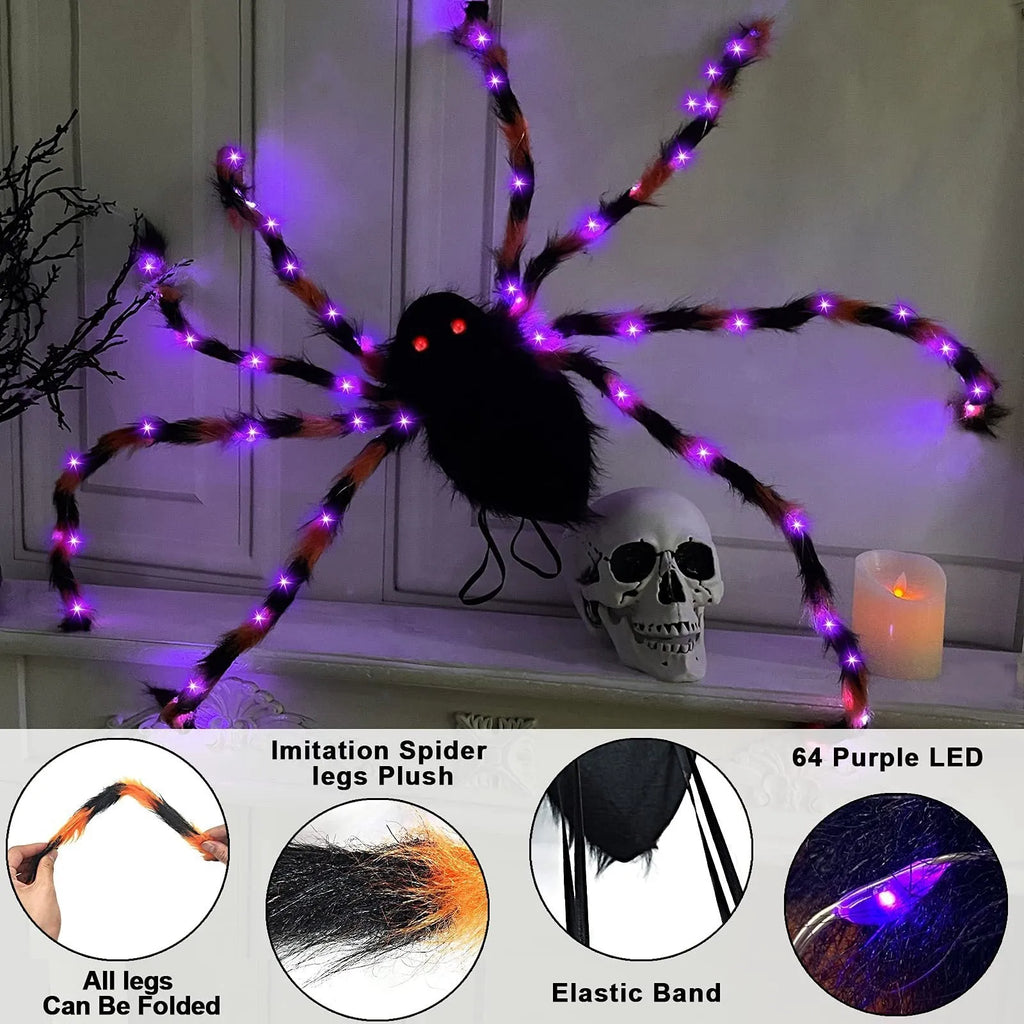 Halloween spider backpack with LED lights in plush sugar bag material showing colour options