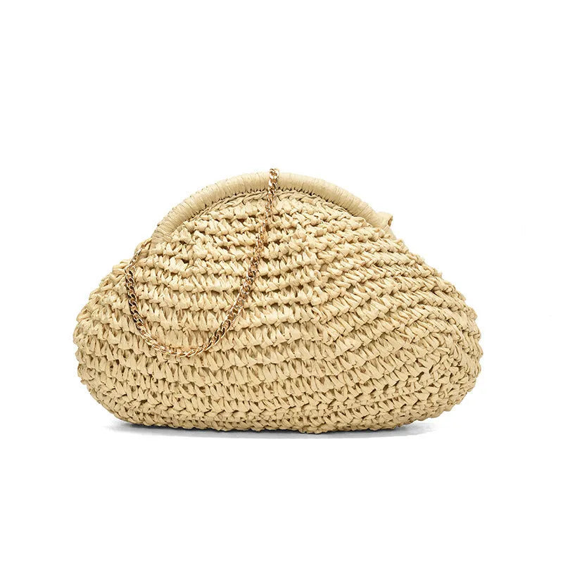 Khaki shell-shaped straw shoulder bag for women with chain detail and zippered pocket.