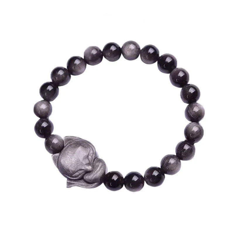 Obsidian fox single ring bracelet for women with polished 8mm obsidian beads and a fox charm