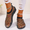 Women's mesh flat sandals with colourful rhinestone design and round toe
