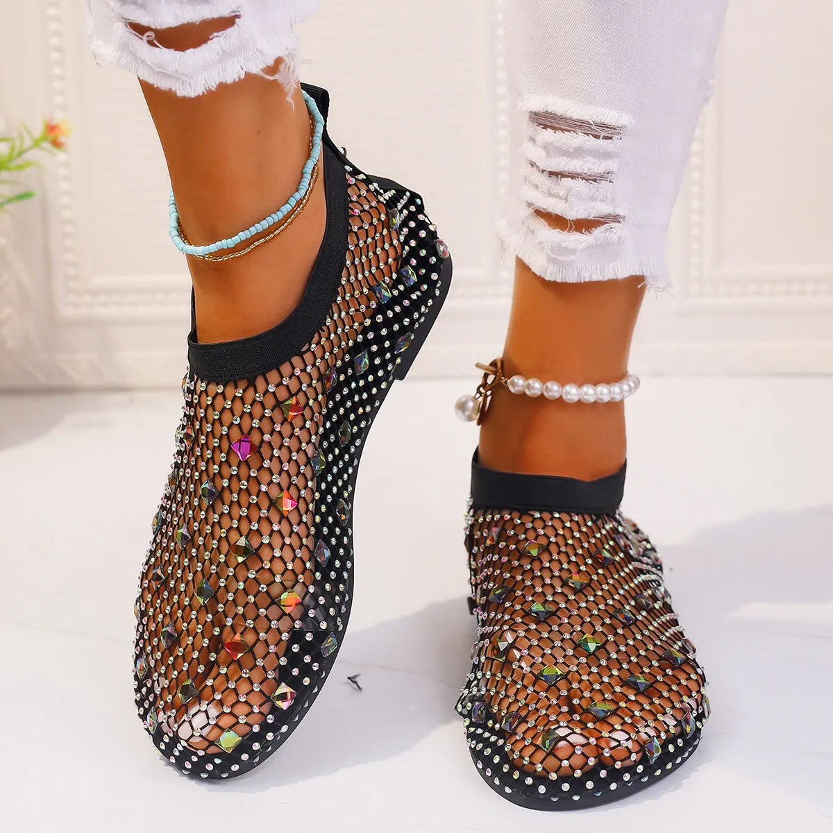 Women's mesh flat sandals with colourful rhinestone design and round toe