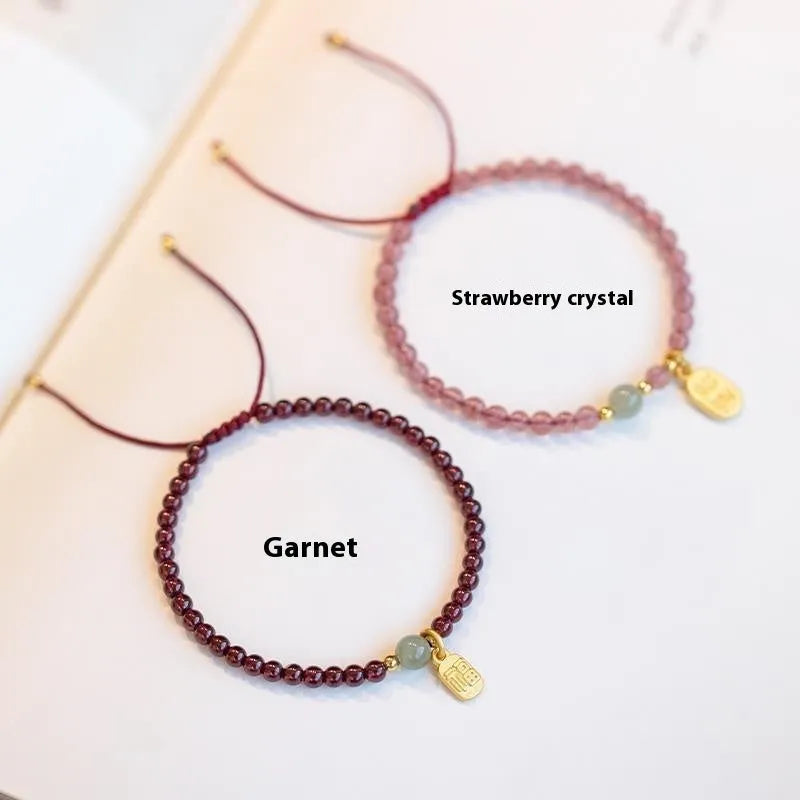 Hand-woven strawberry quartz crystal bracelet on red rope simple women's national tide style single piece