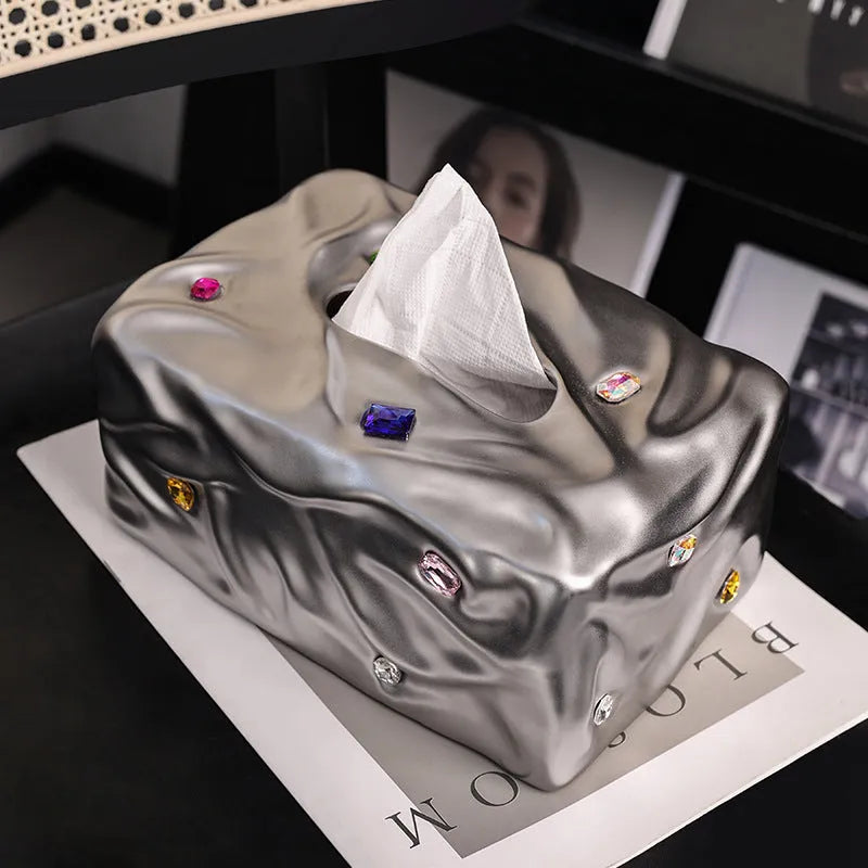 Light luxury ceramic tissue box with gem party design in matte coconut milk white finish