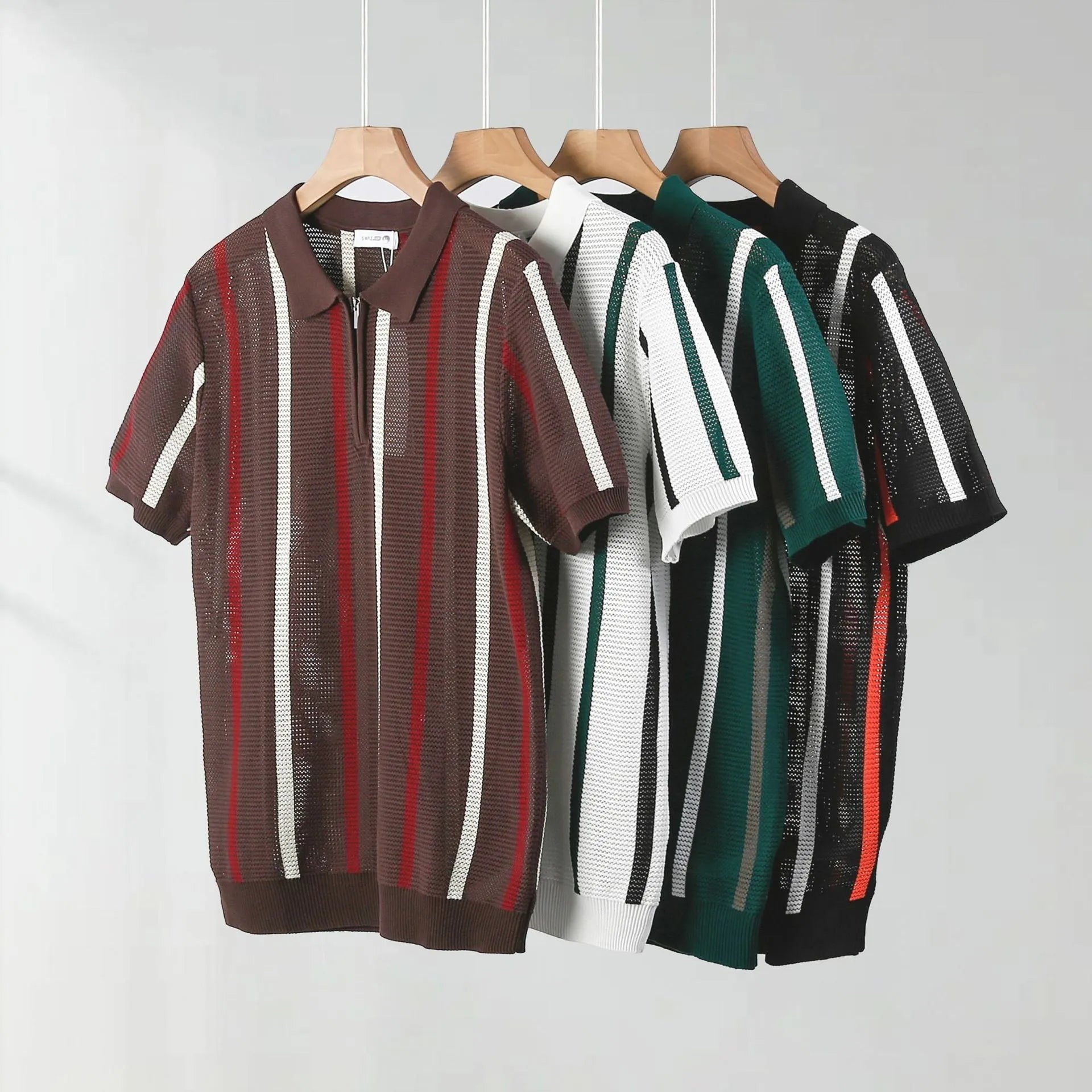 Hollow mesh short-sleeved knitting polo shirt in Ice Silk fabric with zipper decorations, loose fit, available in multiple colours