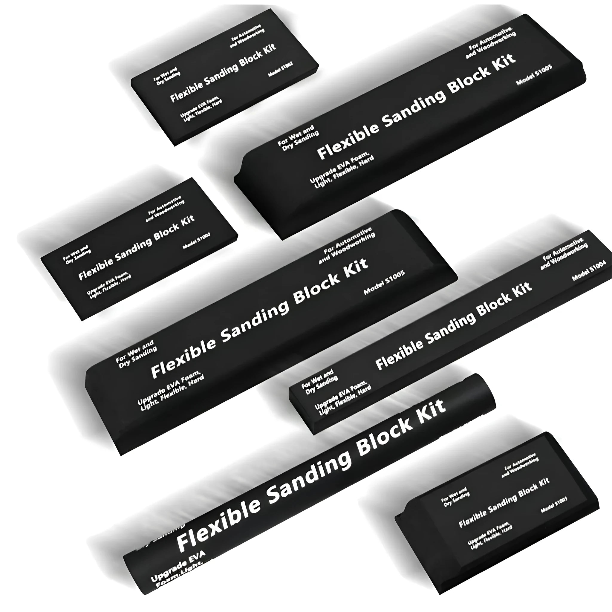 Set of seven black frosted metal alignment blocks for workshop use.