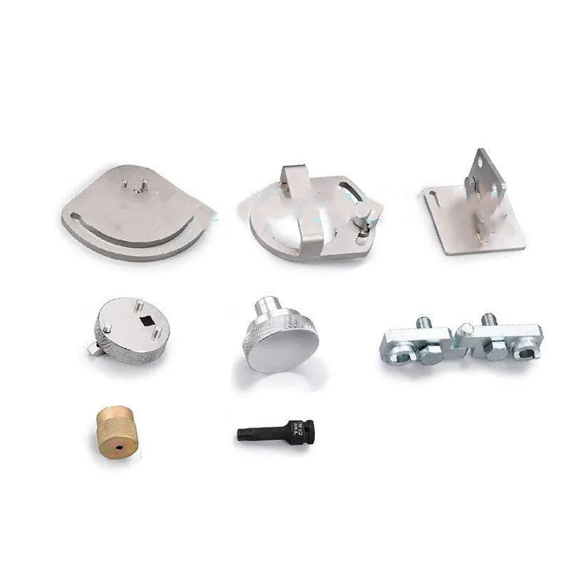 Volvo Land Rover engine timing special tool kit with eight carbon steel pieces for cylinder head alignment.