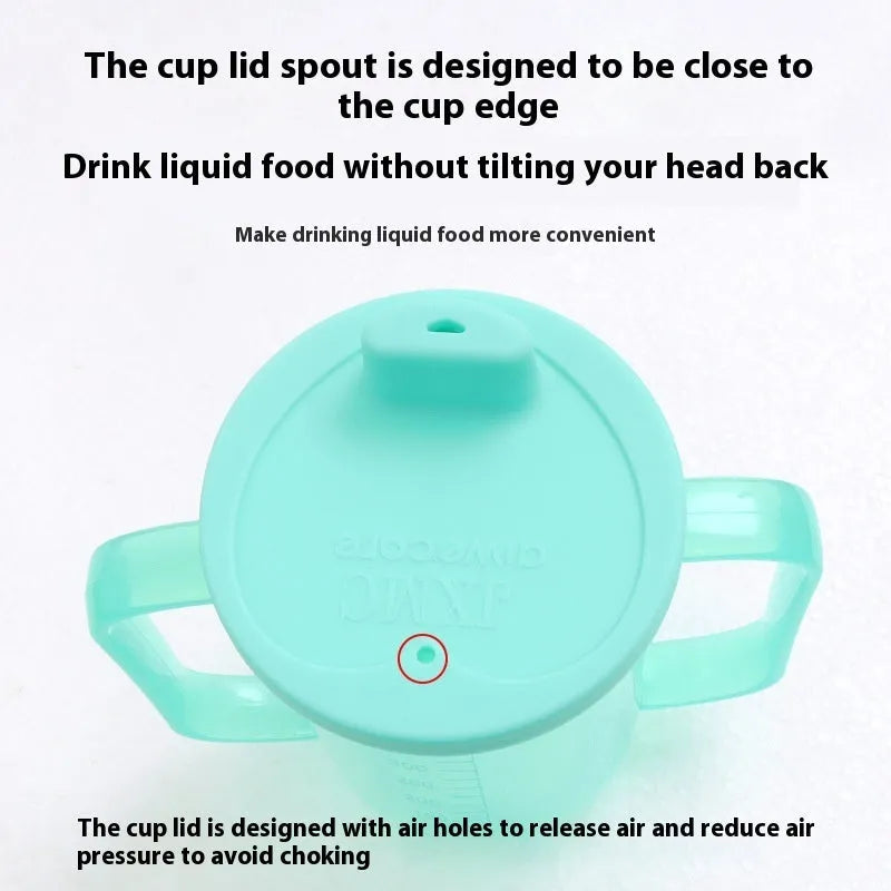 Angled mouth choke-proof bedside drinking cup with handle and lid, shown in PP plastic.