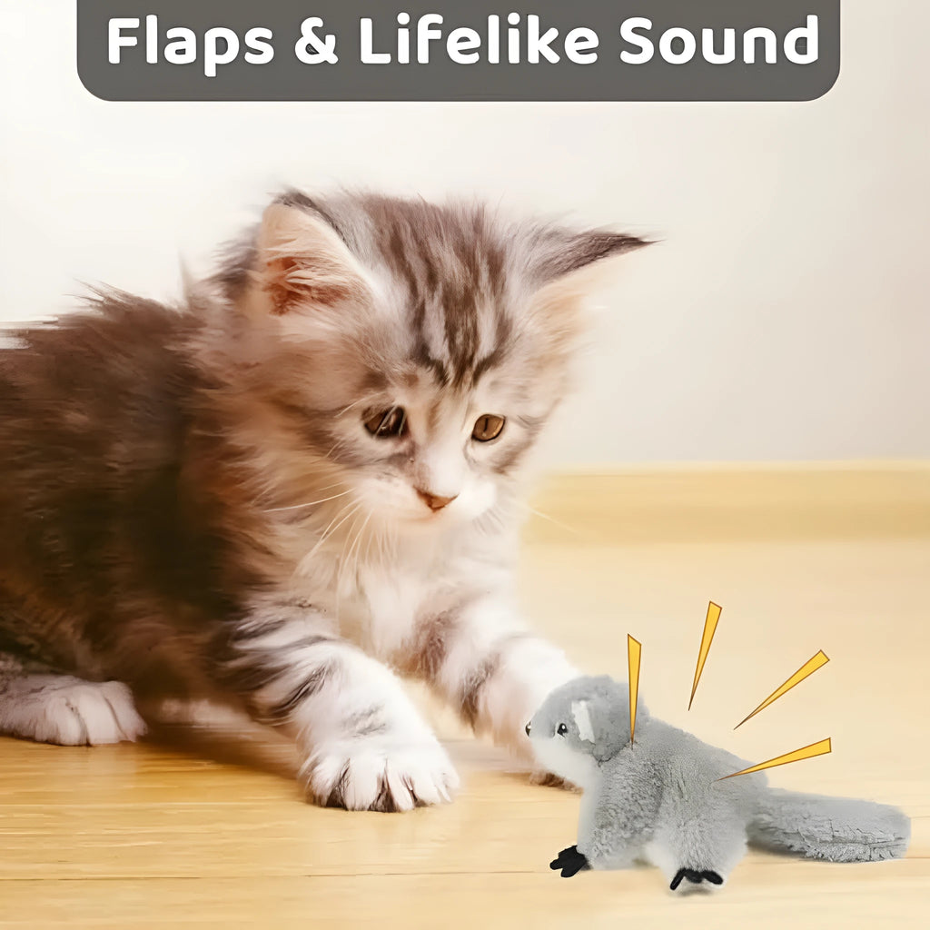 Grey plush flapping squirrel cat toy with motion sensor and USB charging unit