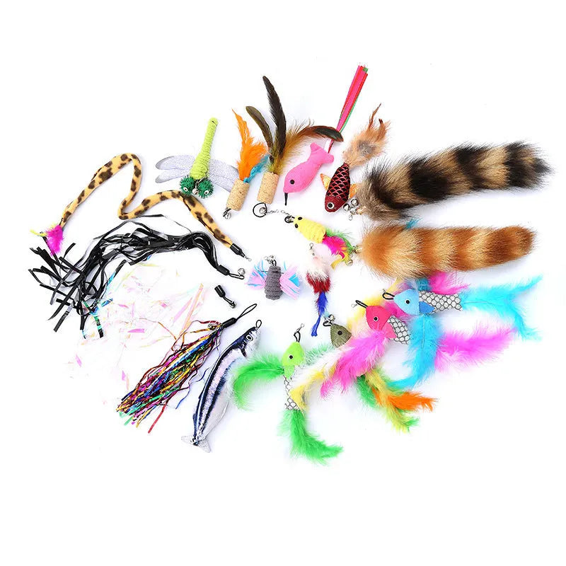 Cat teaser toy with extendable fishing rod and multiple feather replacement heads for interactive play